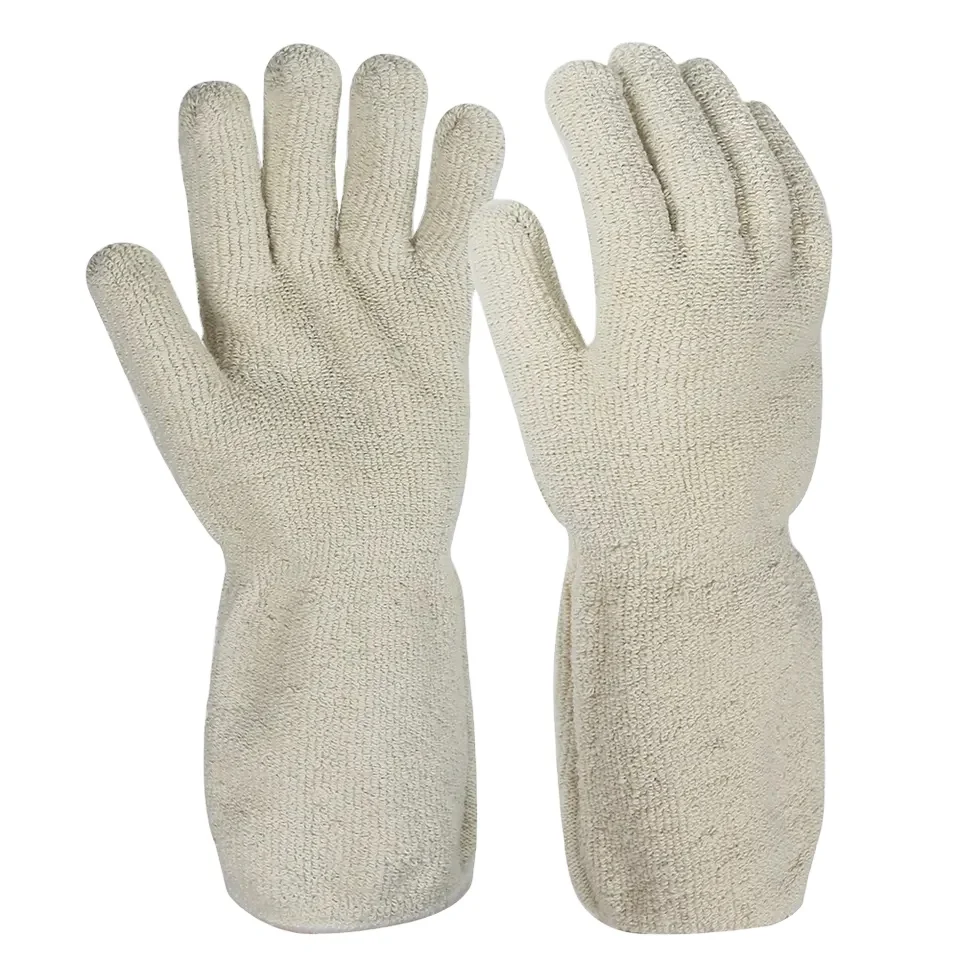 Natural White Loop Pile Cotton Terry Knit Gloves with Long Cuff for Heat Resistant Protecting Safety of Workers Mechanic Welders