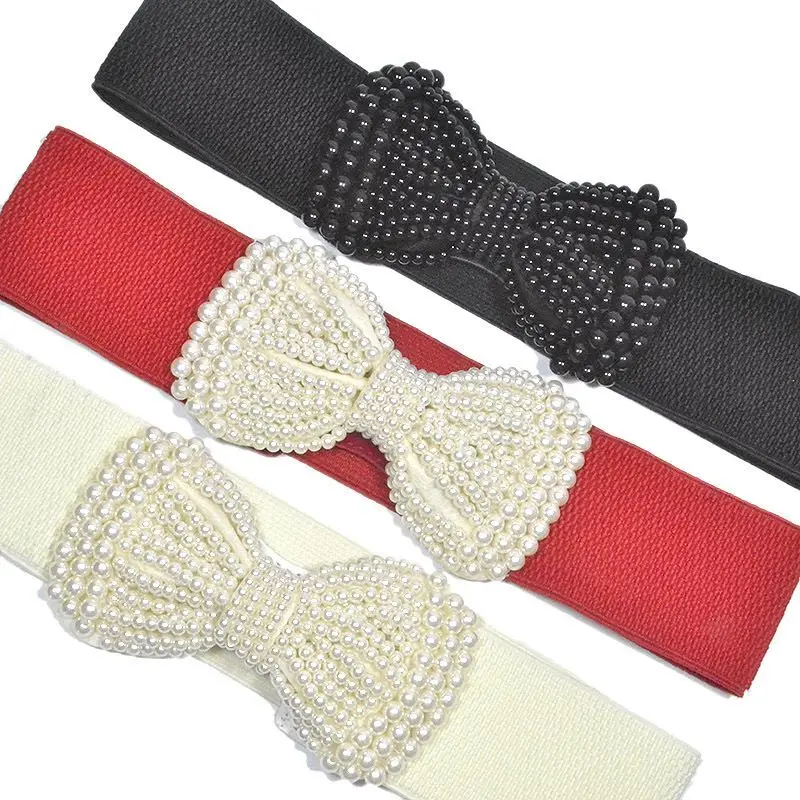 Woman Faux Pearl Bowknot Press Stud Button Stretchy Elastic Corset Waistband Cinch Belt For Dresses Jeans And Pants.