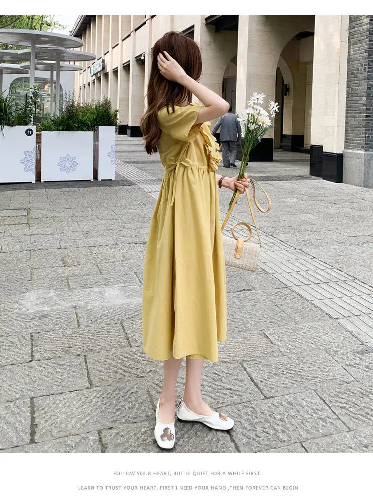 YiXin 2022 Womans Dress Clothes Solid Ruffled Short Sleeve Sweet Casual Dresses Clothing Manufacturer Custom Korean Clothes