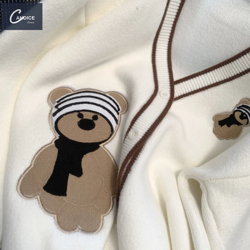 Candice 2023 fall Cardigan cartoon v neck jacquard embroidery cute knitted sweaters women