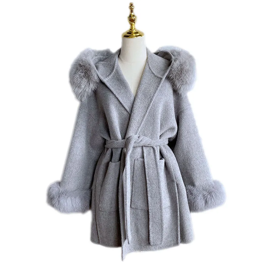 ON SALE QIUCHEN- QC21005 Women Winter Fox Fur Collared And Fox Cuffs jacket Luxury Cashmere Wool Fur Cardigan