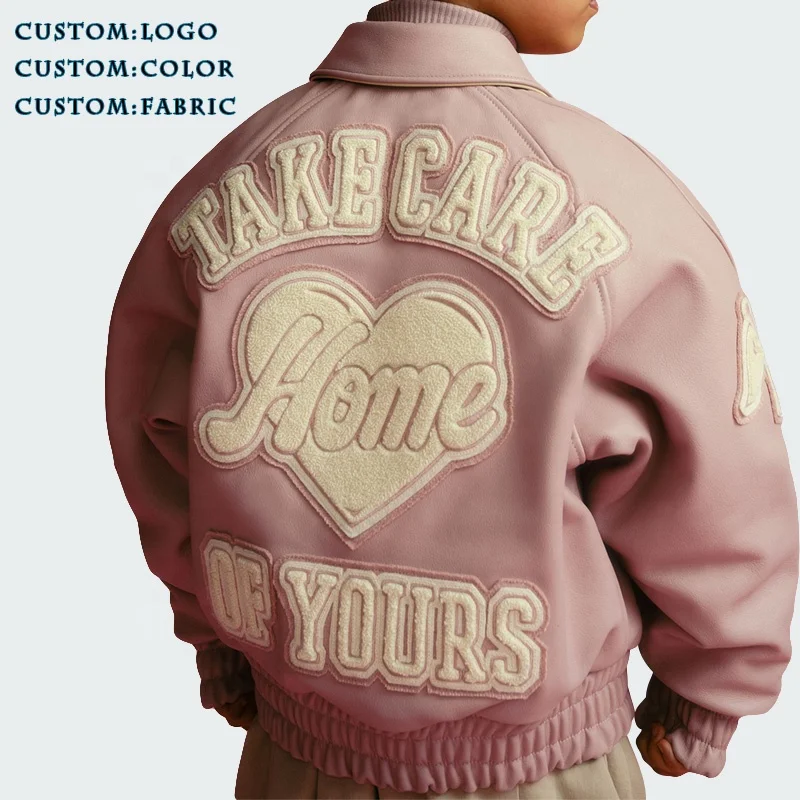 Custom Winter Chenille Embroidery Logo Leather Bomber Jacket Genuine Leather Kids Varsity Jackets