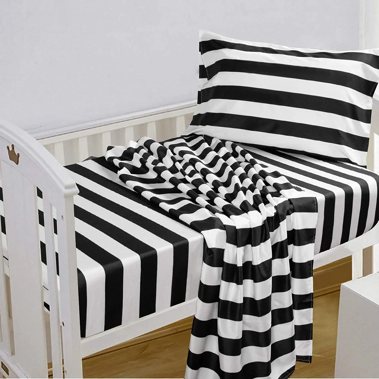 Black and White Stripe 3 Piece Microfiber Toddler Crib Fitted Sheet Set for Baby Girls