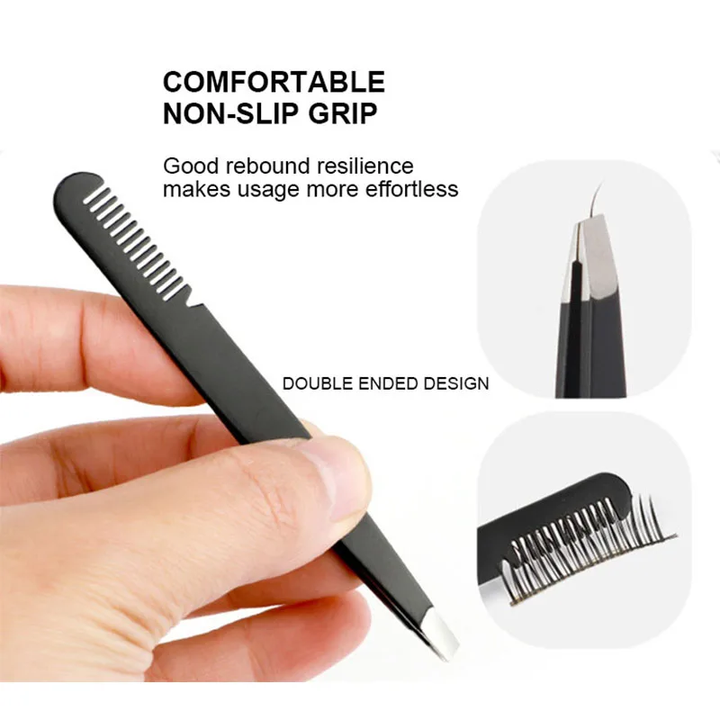 Customized Laser Logo Stainless Steel Ergonomic Design Durable Double Ended Eyebrow Tweezer With Comb for Facial Hair