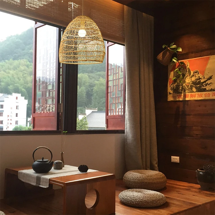 Popular Wholesale Natural Bamboo Material Handcraft Lampshade Led Lights Restaurant Handmade Rattan Ceiling Light Pendant Lamp