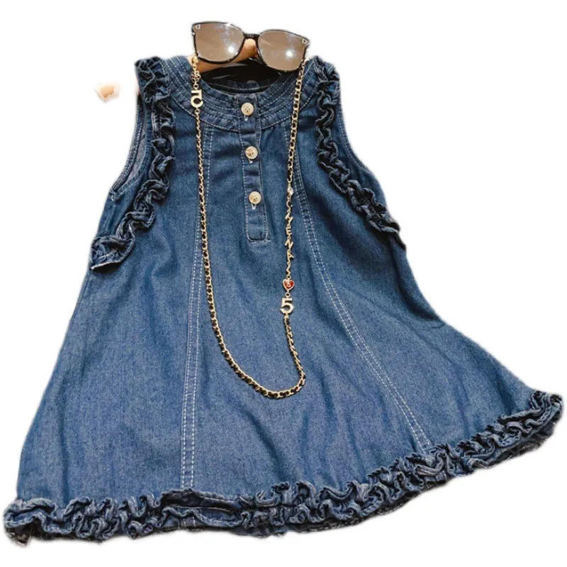 2024 Korean new girl summer denim dress children sleeveless ruffled sundress