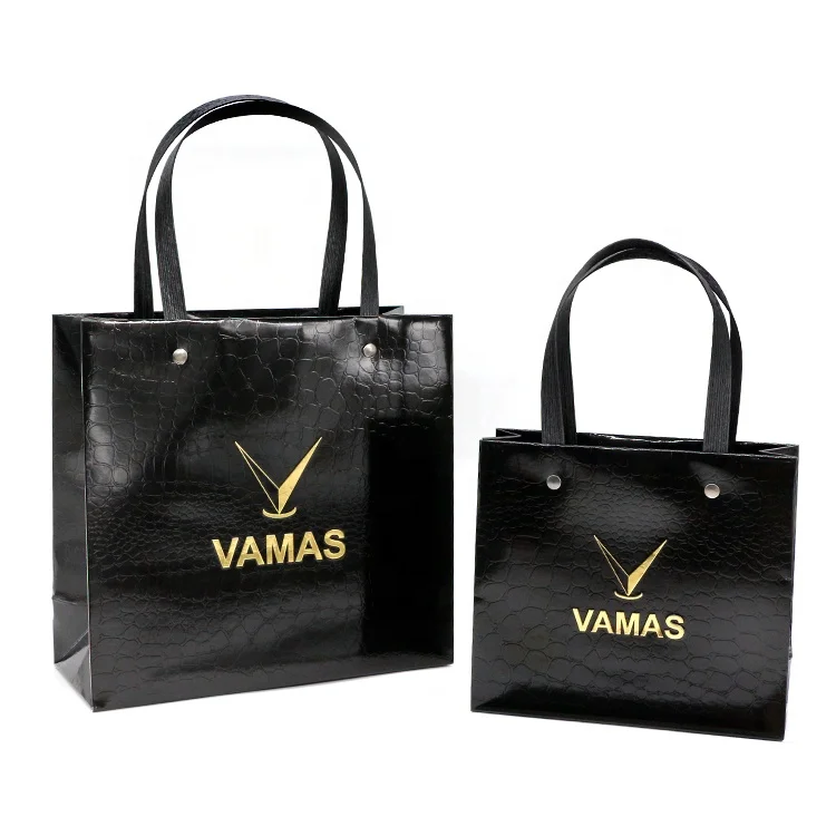 Customize Recycled Black Paper Luxury Bag With Hot Stamping Gold logo For Shopping