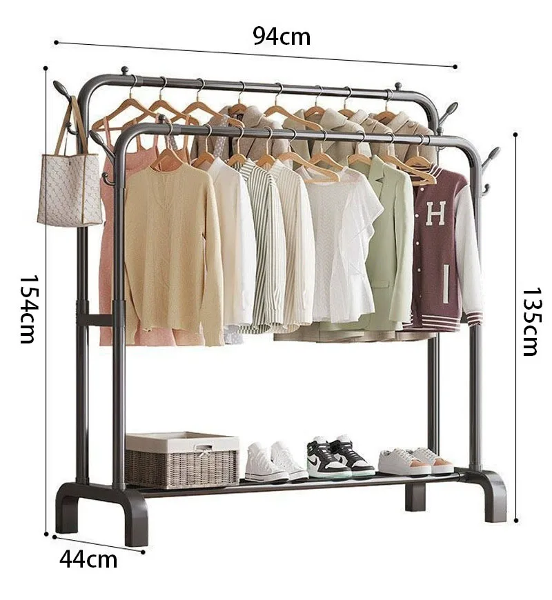 Wholesale custom Multi-functional Clothes Hanger Stand Storage Shelf double Rolling Hanging Clothes Rack