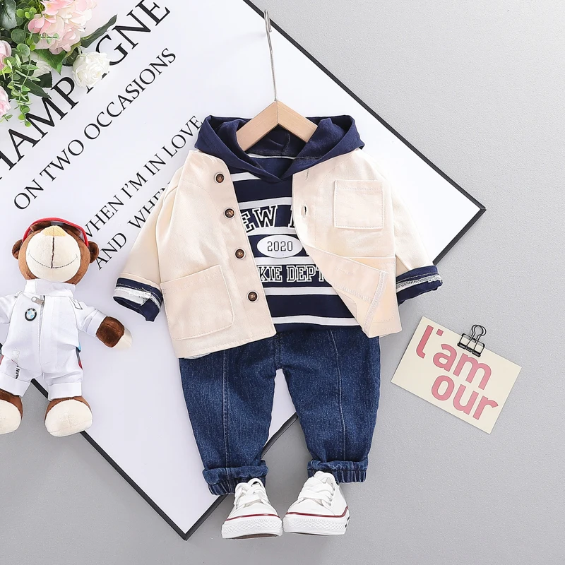 
New Design 2020 Spring Baby Girl Letter Stripe Hat Casual Three Pieces Set Kids Boy coat 