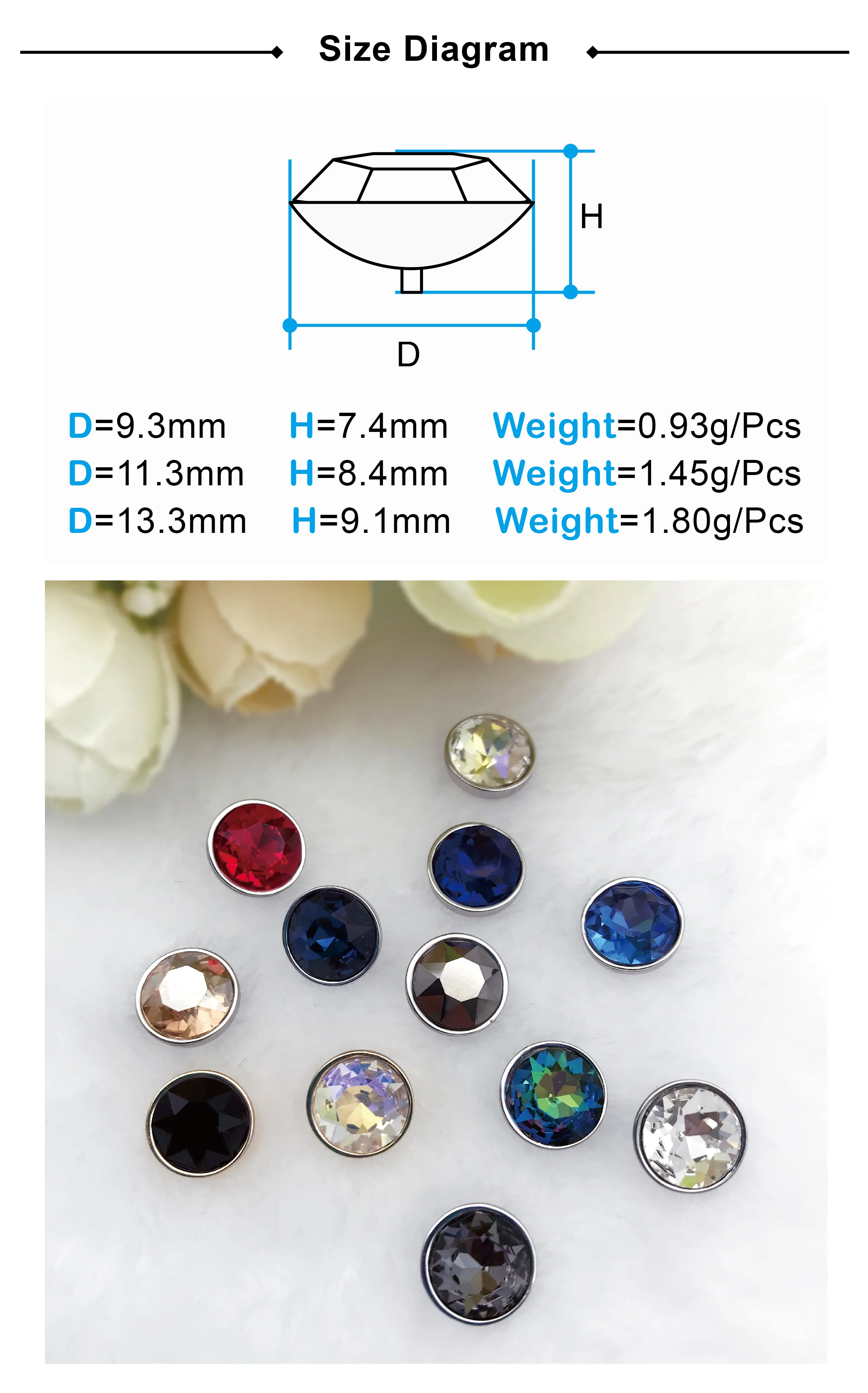 11.3mm Diamond shape rhinestone buttons with  setting for garments