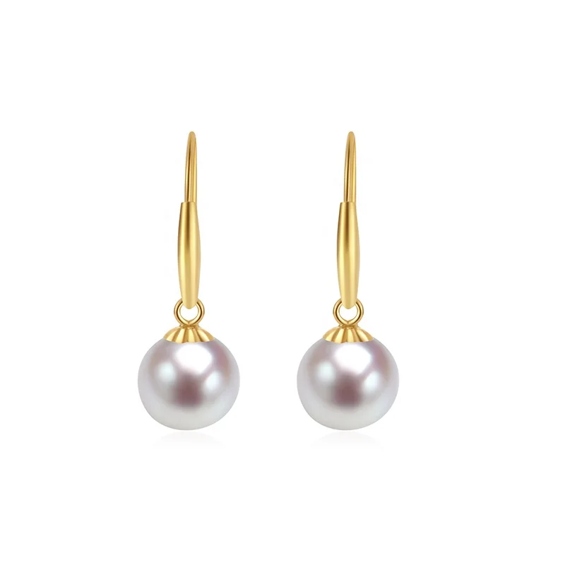 Women Fancy 18K pure solid pearl yellow gold 8mm genuine real sea water round Japanese akoya pearl stud earings