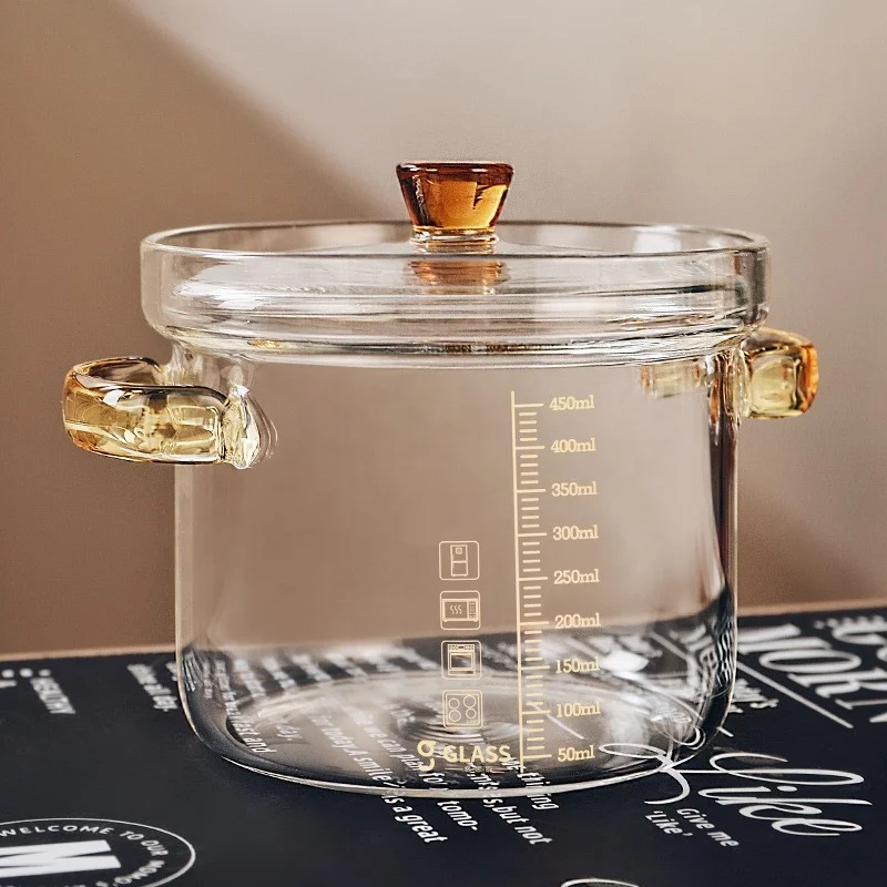 Стеклянная суповая кастрюля ручной работы OEM, кастрюля для приготовления пищи с ручками, термостойкая кухонная посуда, стеклянная посуда для приготовления пищи