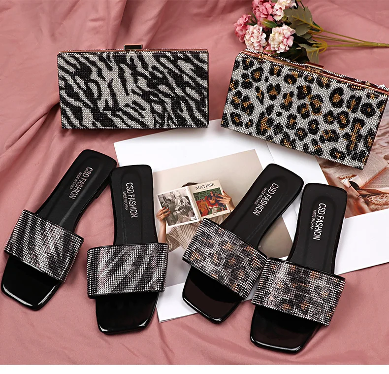 Leopard print slippers rhinestone handbag and sandals for women dinner handbags chain new ladies shoes with matching bags set