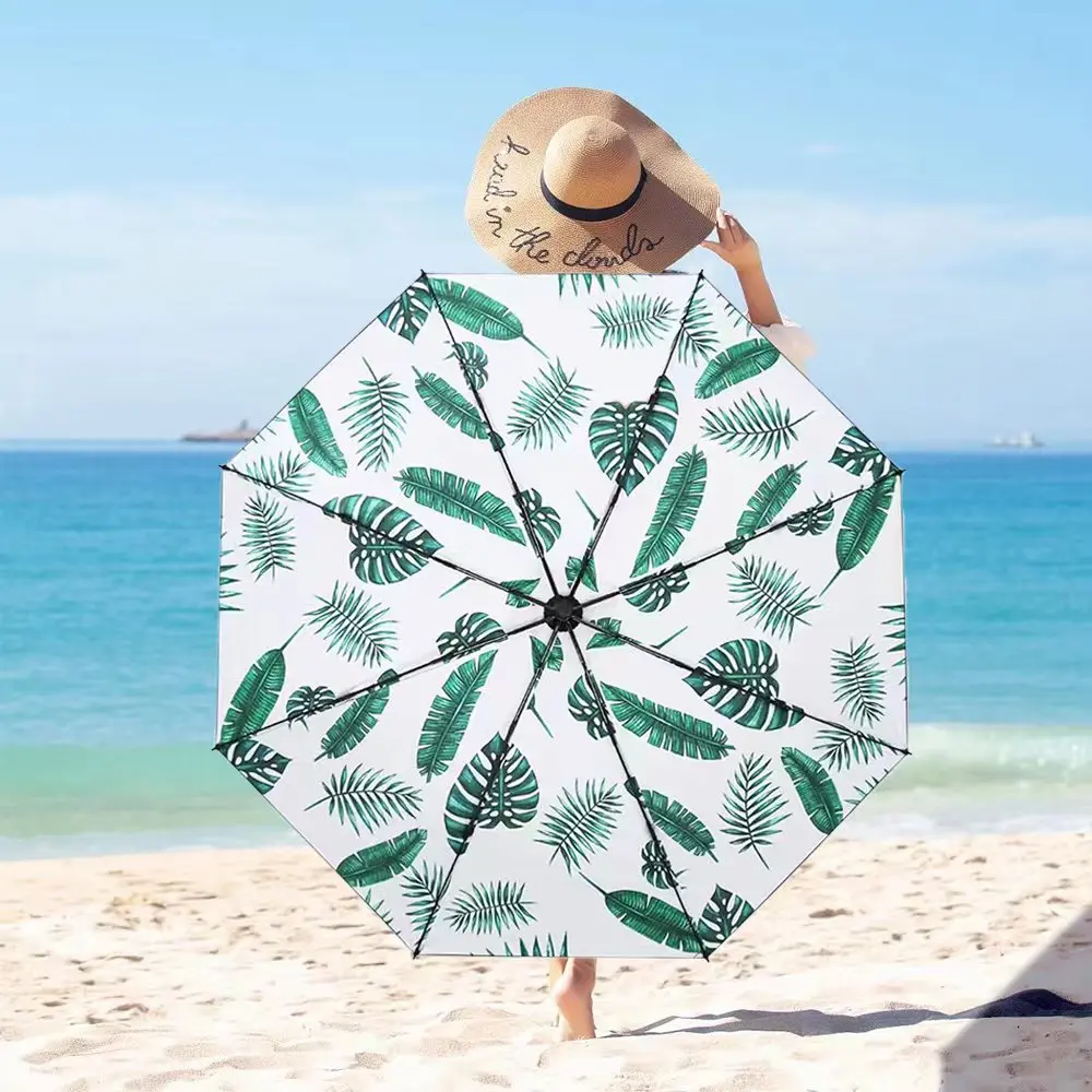 Green Banana Leaf Umbrella for Women UV Protection Parasol 3 Folding Art Oil Painting Umbrella