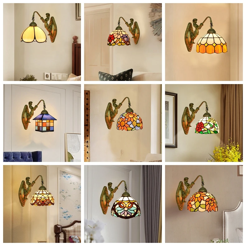 Ontwerpen Lampen Groothandel Lampara Pared Vintage Tiffany витражное стекло освещение Русалка коллекция настенный светильник тифани