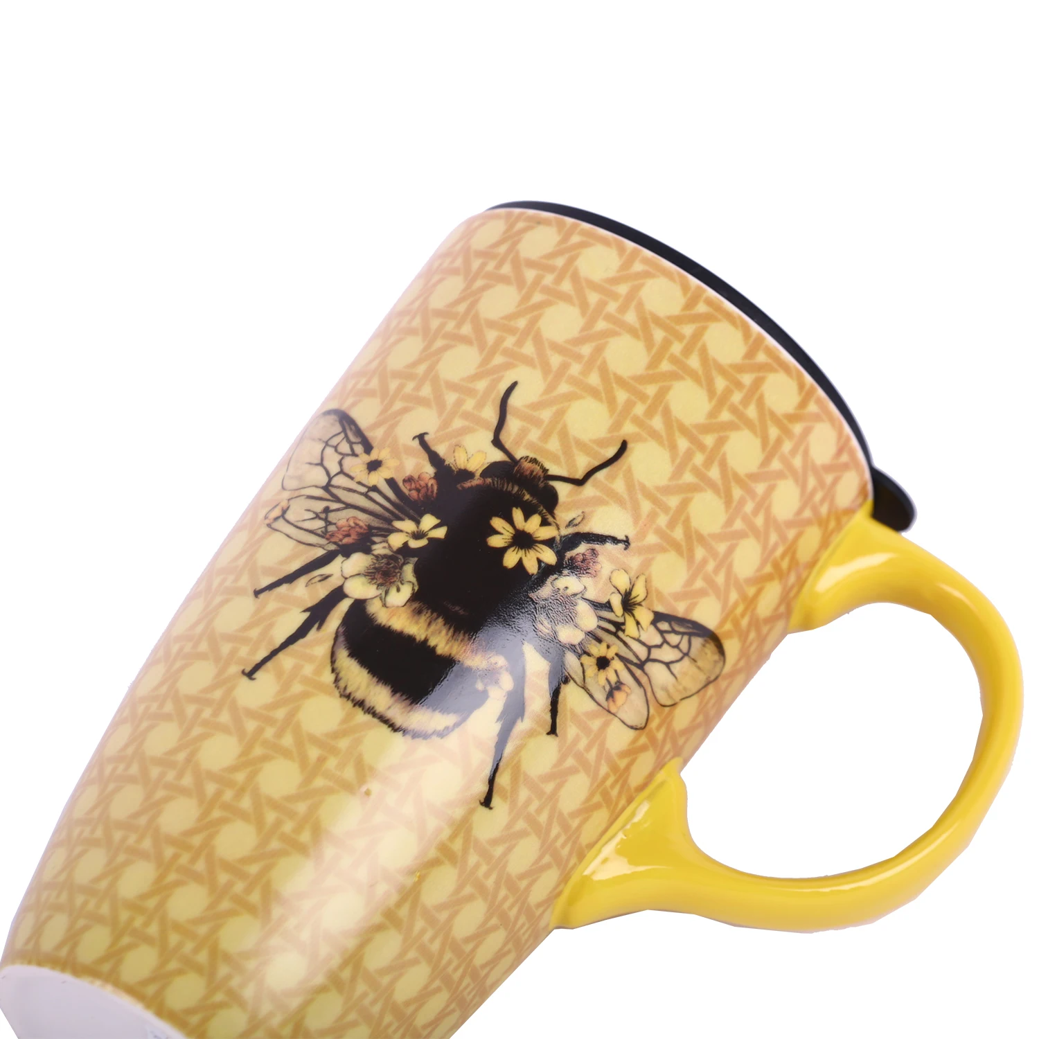 17oz. Yellow Bees Tall Coffee Cup Ceramic Mug Porcelain Latte Tea With Lid