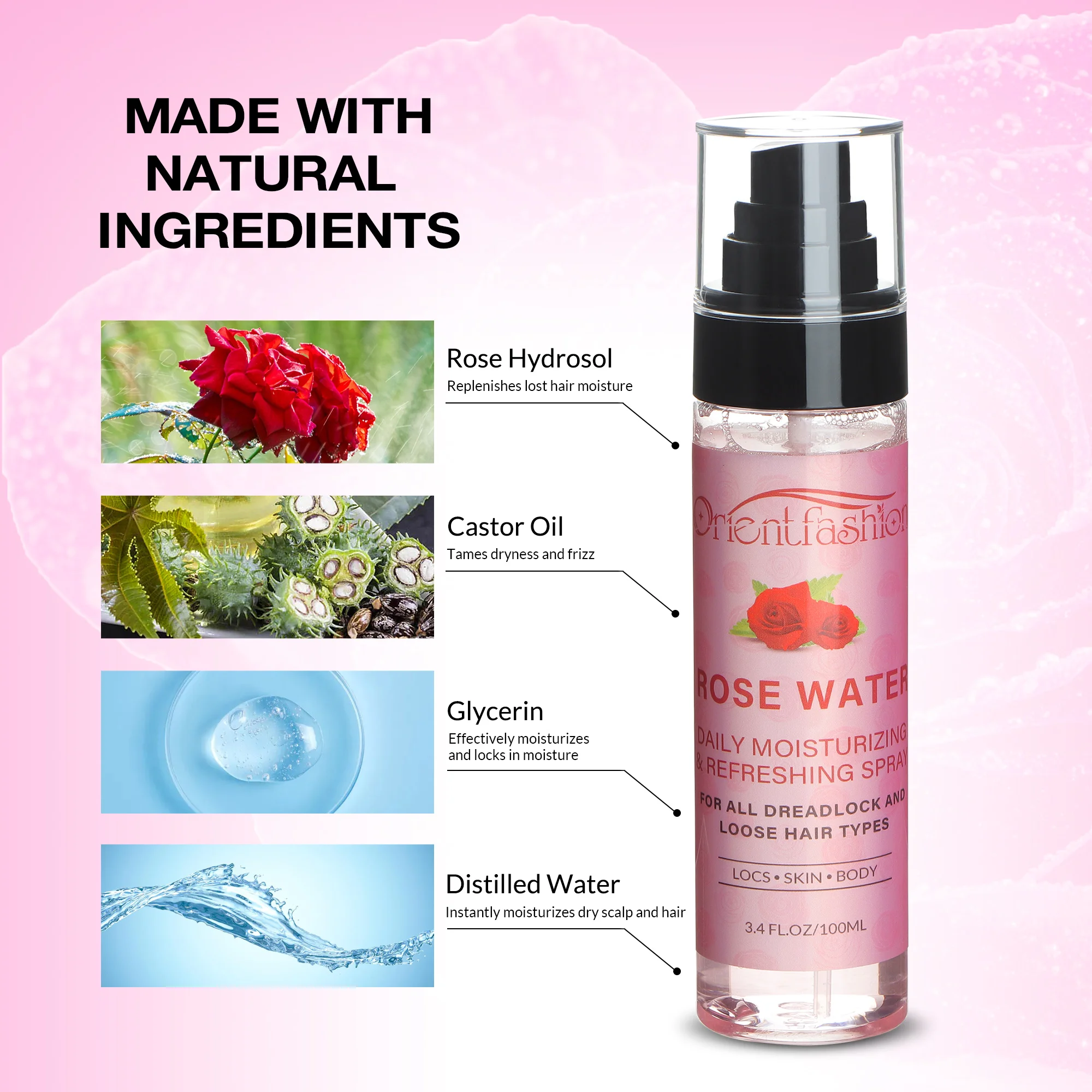 VAST Hot Sale Moisturizing Hair Spray Rose Water Spray for Hair 100ml