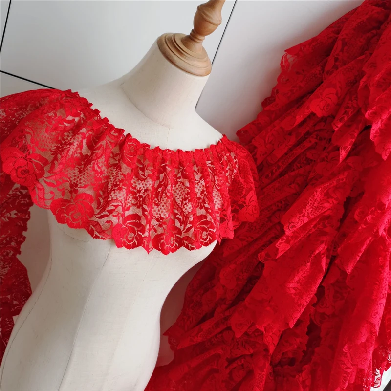 15CM Wide Red Black Tulle Mesh Needlework Ribbon Frills Lace Collar Elastic Ruffle Trim For Sewing Clothing DIY Apparel Fabric