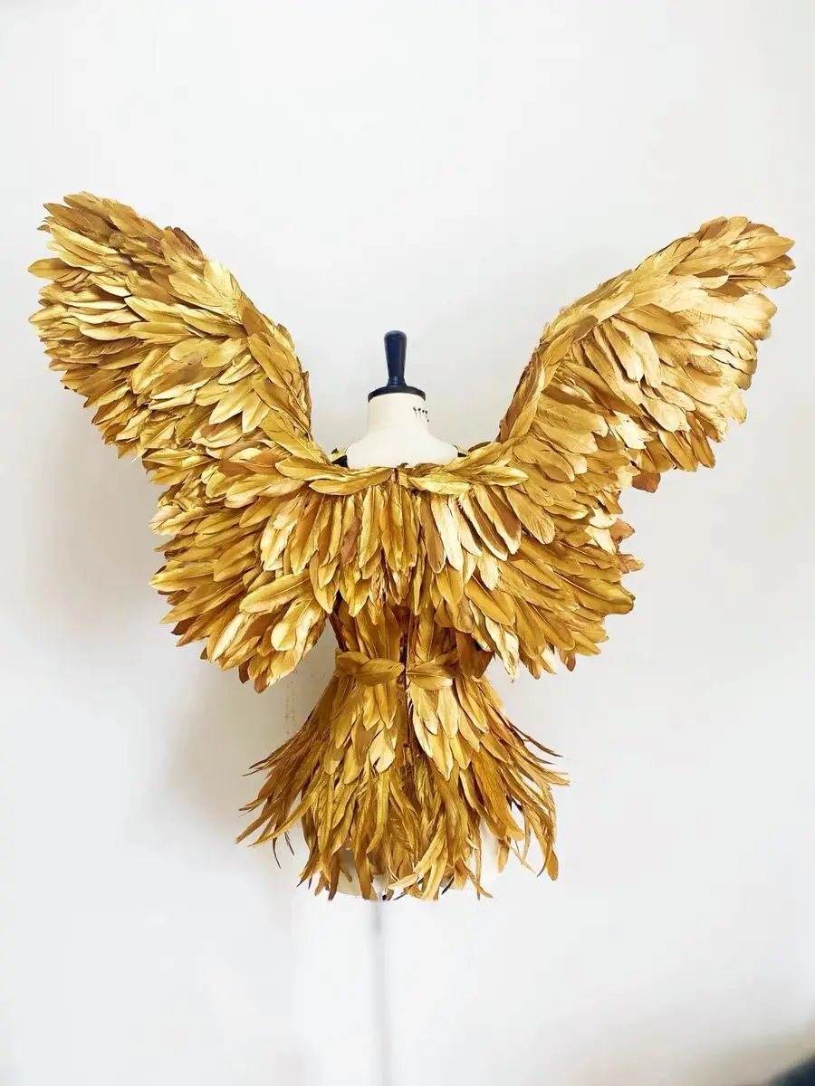 Gold Feather Angel Wings Dress Costume  Photo Props feather wings Women Singer Carnival Outfit Sexy Performance Costumes