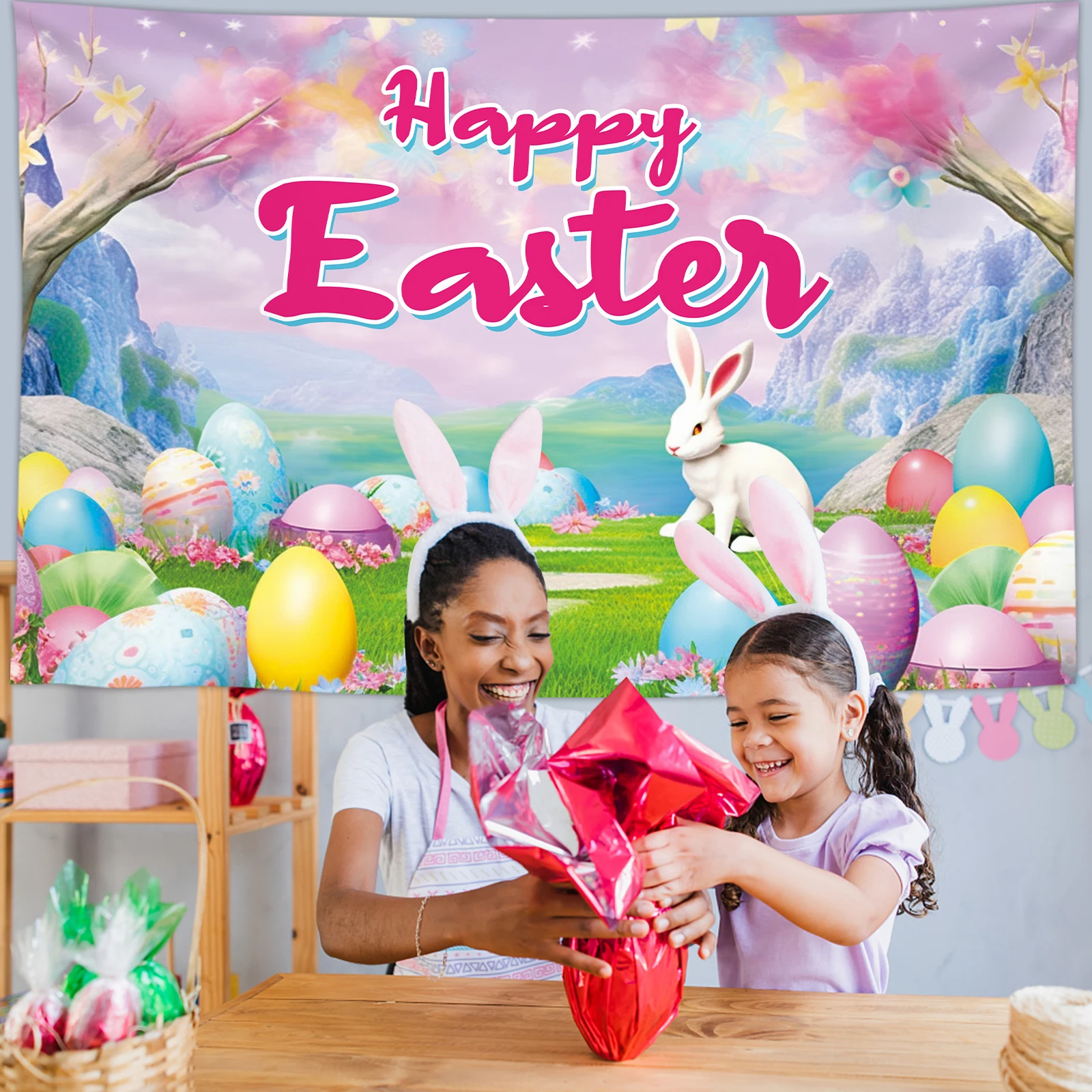 Happy Easter Photography Backdrop Bunny Rabbit Colorful Eggs Background Party Decor Photo Studio Props 59x39in