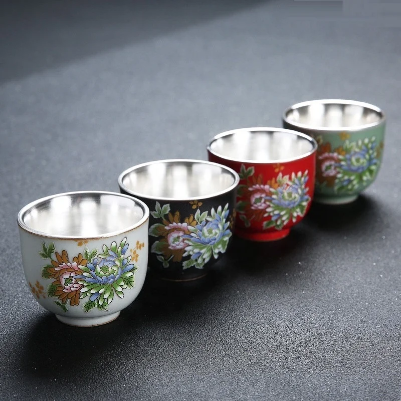 Elegant Royal Enamel Color Tea Cup Set Real Pure Silver Inside Chinese Kongfu Tea Cups Ceramic