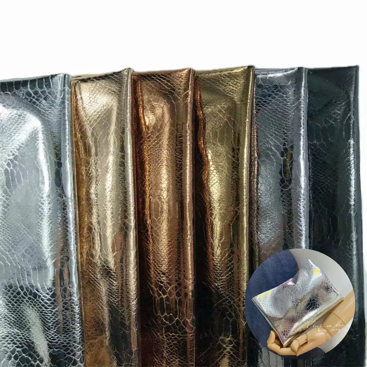 0.7mm metallic mirror snake skin leather synthetic pu leather for bags shoes garment decorate