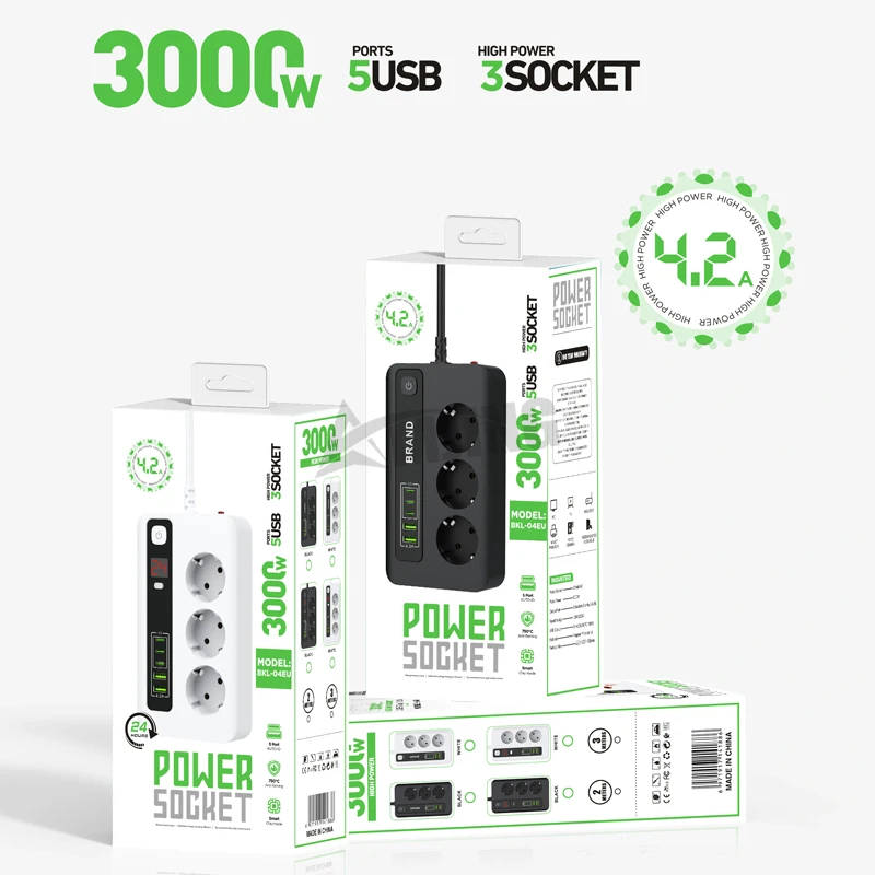 European plug 3 bit overload protection type c socket 3C2A fast charging power strip univers