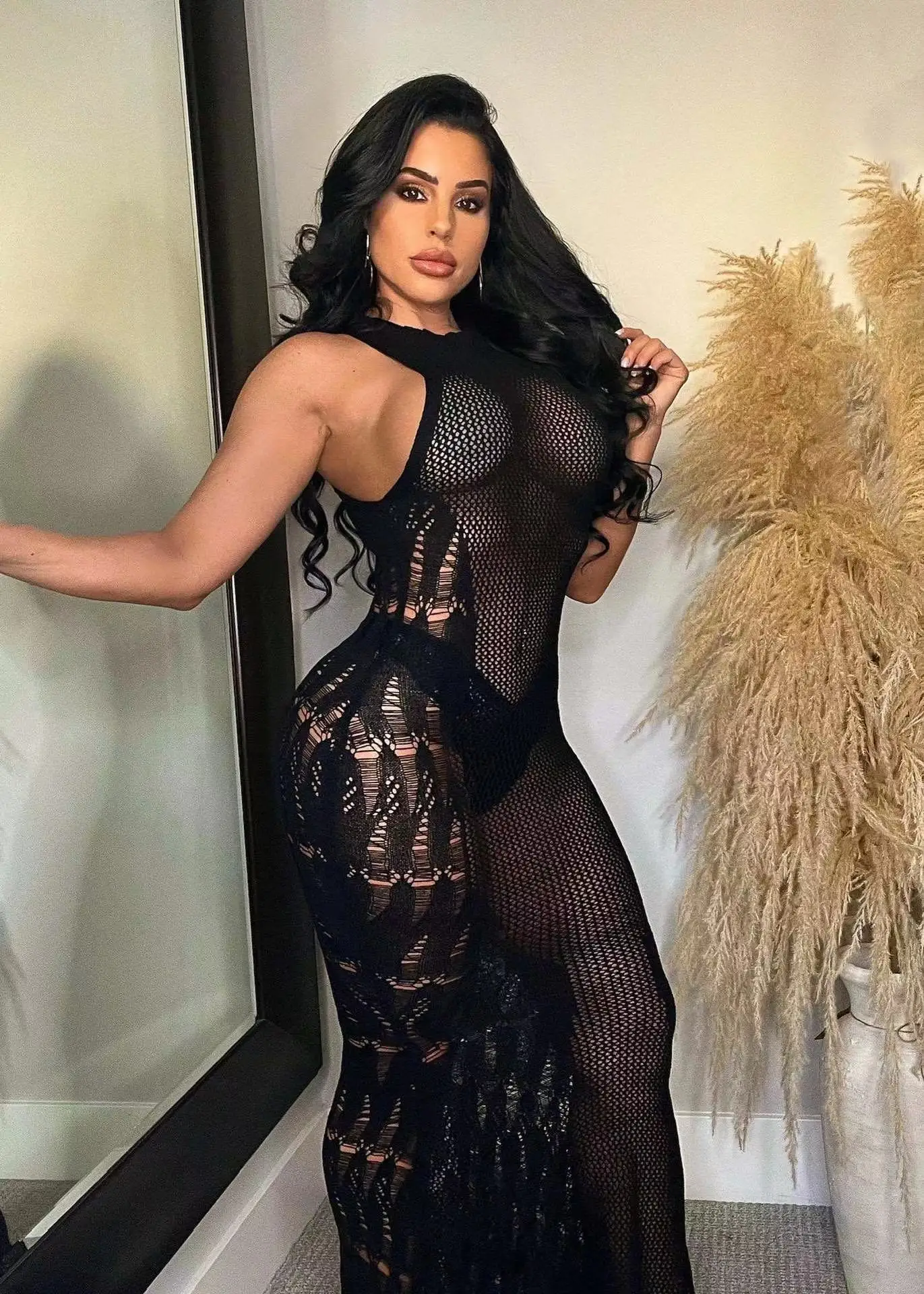 Fashionable Elegant O Neck Printed Long Sleeve Casual Midi Dresses Women