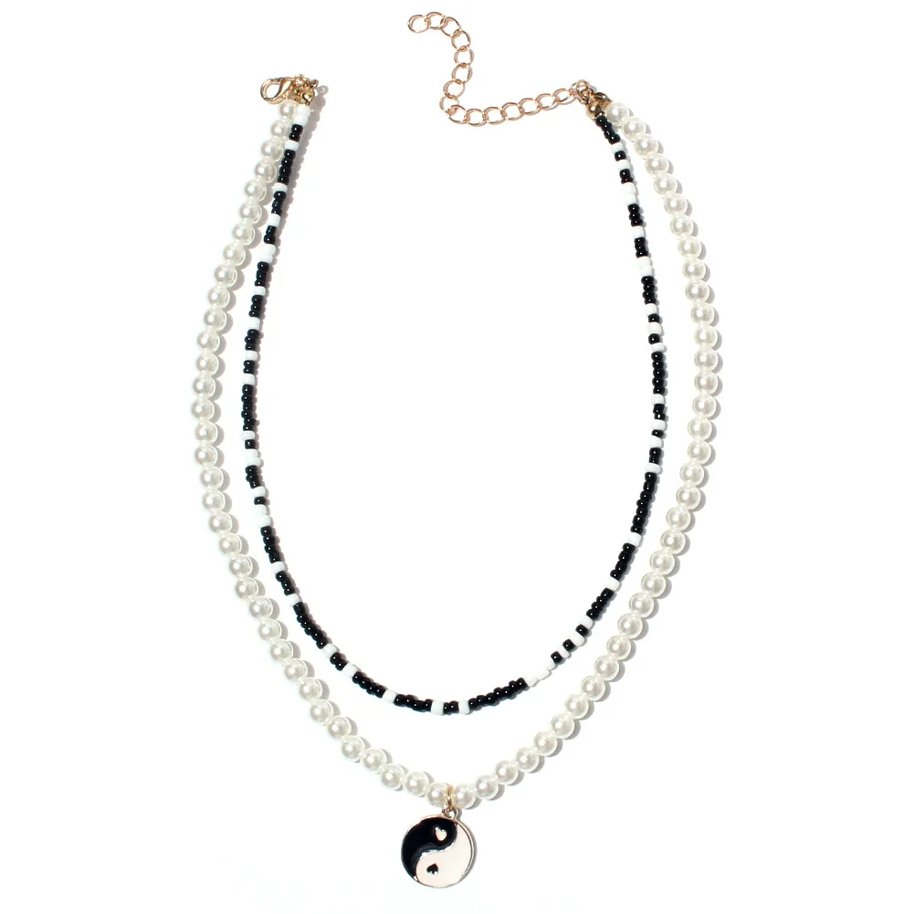Vintage Tai Chi Yin Yang Pendant Multi layer Necklace Handmade Seed Beads with Imitation Pearl Necklace for Women