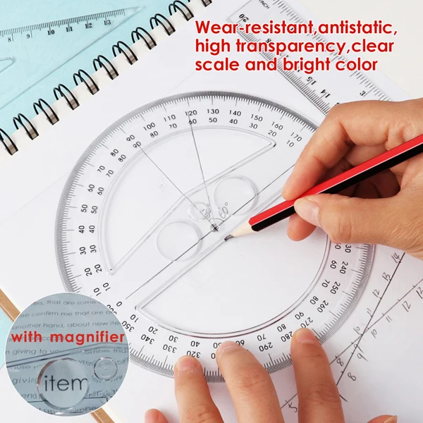 360 Degree 10CM School Transparent Plastic Protractor Ruler