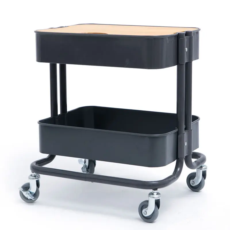 DSH 2-Tier With Wooden Board Carbon Steel Storage Rack Trolley Cart Utility Cart Rolling Cart