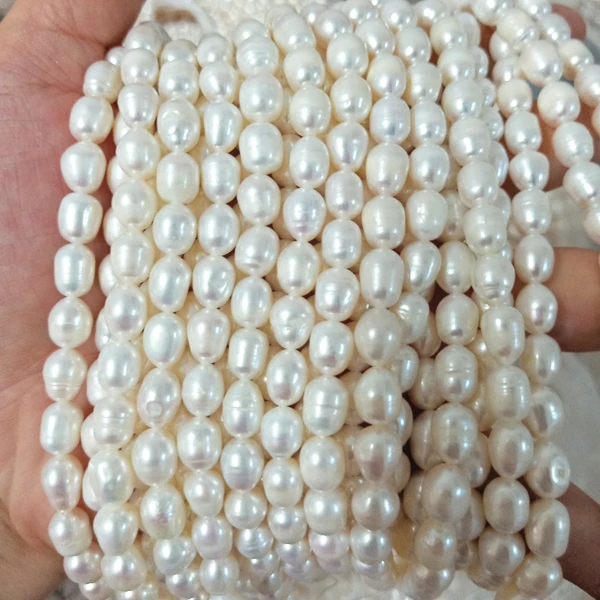 Wholesale Fresh Water Pearl Cheap 7mm Rice Shape Cultured Pearl Necklace Loose Rice Pearl Strand
