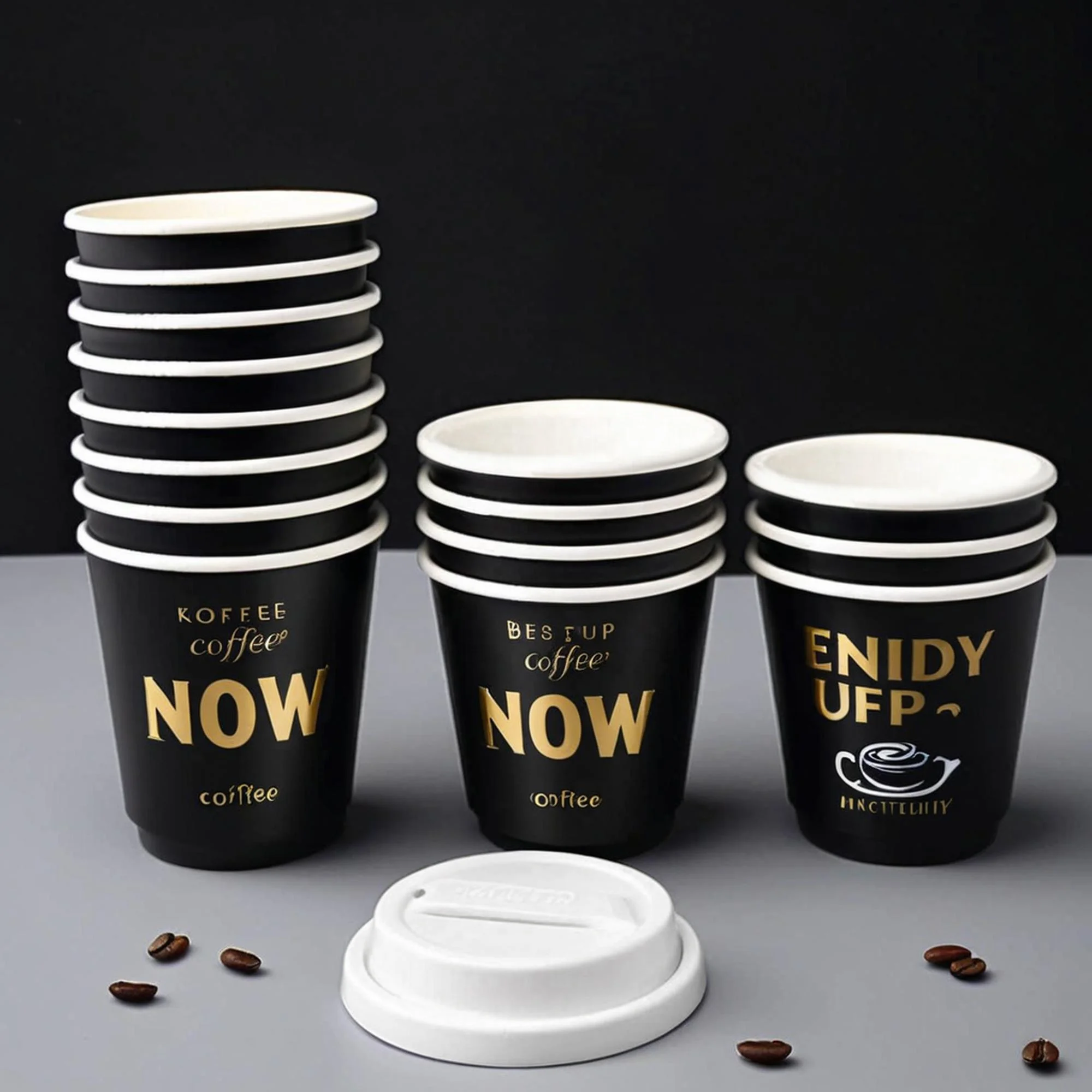 Custom Disposable Double Ripple Wholesale 8 9 10 12 16 22 OZ For Hot Drinks With Lids Coffee PE Coated Black Paper Cup