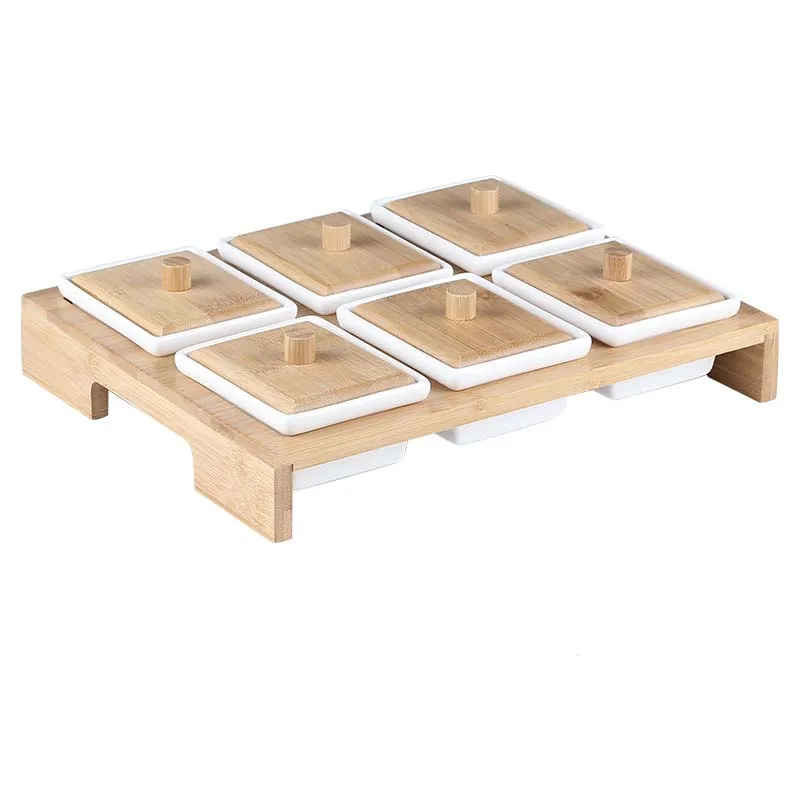 
Whole Sale Nordic Style Fashionable 6 Compartment Dry Fruit Ceramic Tray With Wood Shelf 