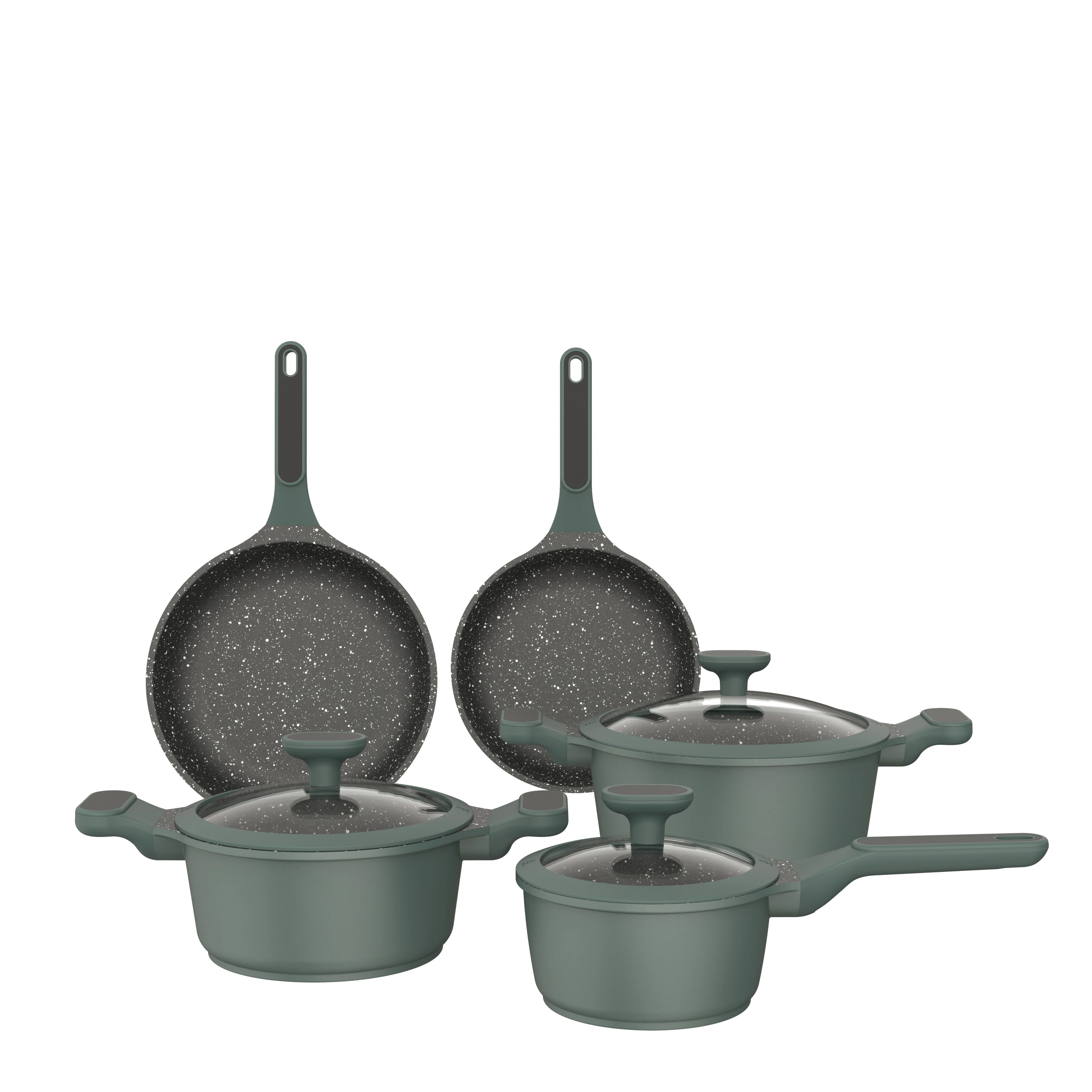 BESCO OEM Escalation Series 8pcs Home and Kitchen Non Stick Marble Cookware Set With Silicone Glass Lid & Induction Base Green