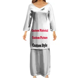 New V-neck puletasi Polynesian Traditional church uniform custom women two piece sets tapa designs Ptaha Pacific Island Clothing