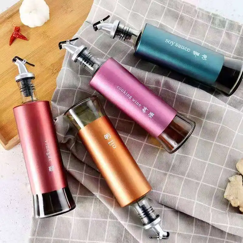 Kitchen Condiment Glass Bottle Stainless Steel Aluminium Lid Olive Oil Vinegar Sauce Glass Bottle