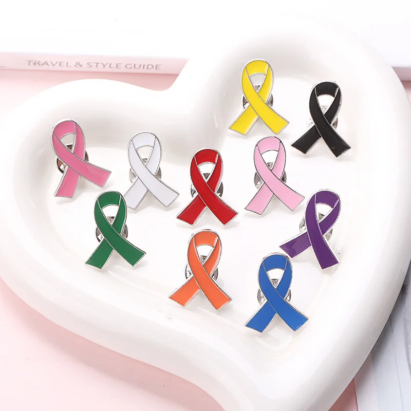 Wowei Enamel Breast Cancer Awareness Pink Red Blue Ribbon Button Pin Badge Brooches Lapel