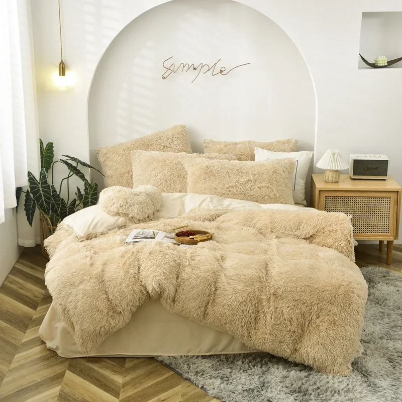 High Quality Eco-friendly Fluffy Faux Fur Shaggy Duvet Flannel Microfiber 4 PCS Duvet Bedding Set Bed Sheets Set Luxury