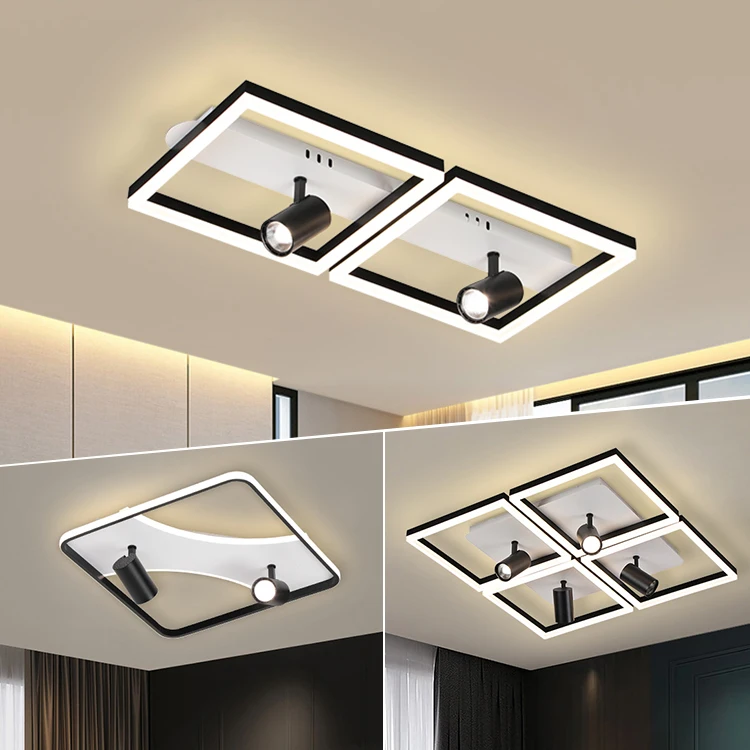 Modern Indoor Decorative Surface Mounted Remote Control Dimmable Four Spotlight Square Acrylic Frame LED Ceiling Light