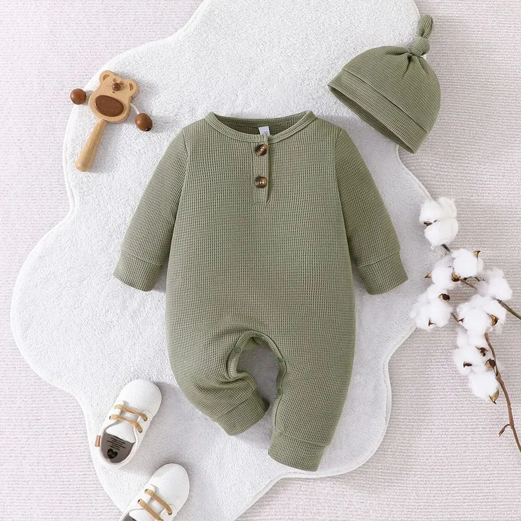 Conyson Gift Hat Set Baby Unisex Boy Girl Newborn Onesies Romper Toddler Cotton Clothing Infant Long Sleeve Tiny Button Jumpsuit