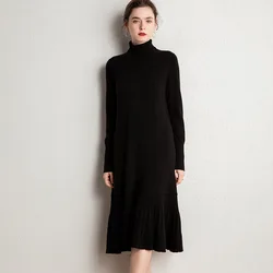 2022 New Autumn Warm Fashion Women Long Turtleneck 100% Wool Cashmere Dress Ladies