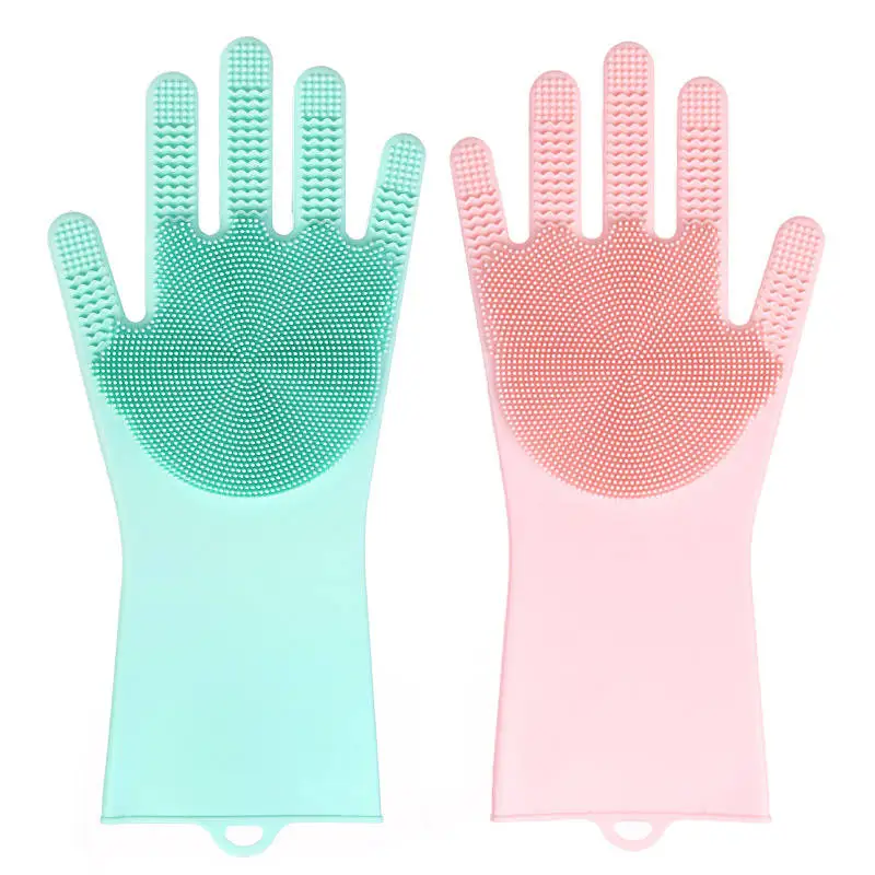 Reusable Waterproof Household Cleaning Silicone Gloves Non-slip Silicon Glove Magic Dishwashing Gloves With Scrubber