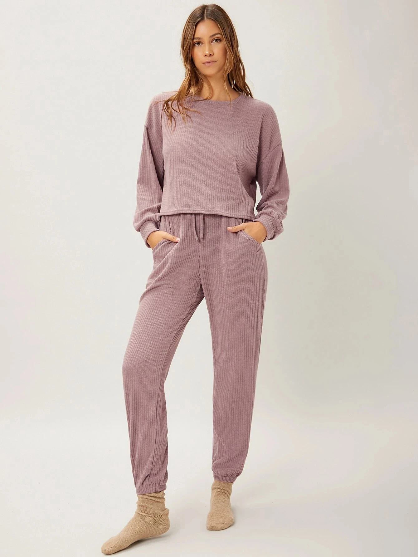 Spring Autumn Solid Pajama Women Drawstring Waist Casual Lounge Polyester Ribbed Knit Long Lounge Pants