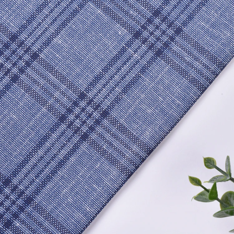 2024 Hot Sale Blue Plaid Striped Shirt Cloth Fabric Custom Classic Suit Polyester Linen Fabric