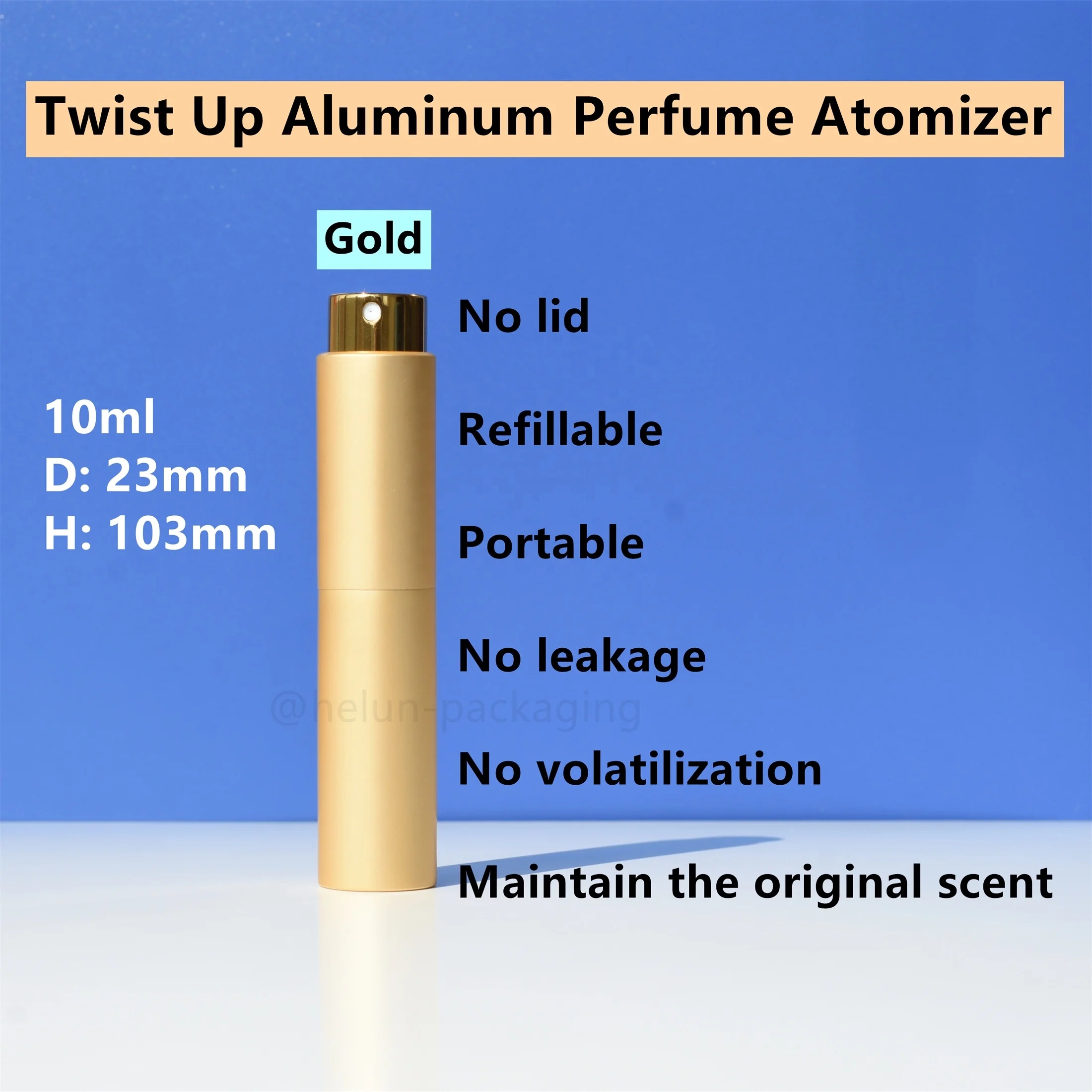 HeLun Stock 10ml Portable Gold Black Matte Aluminum Metal Twist Up Decant Refill Refillable Perfume Atomizer Pump Spray Bottle