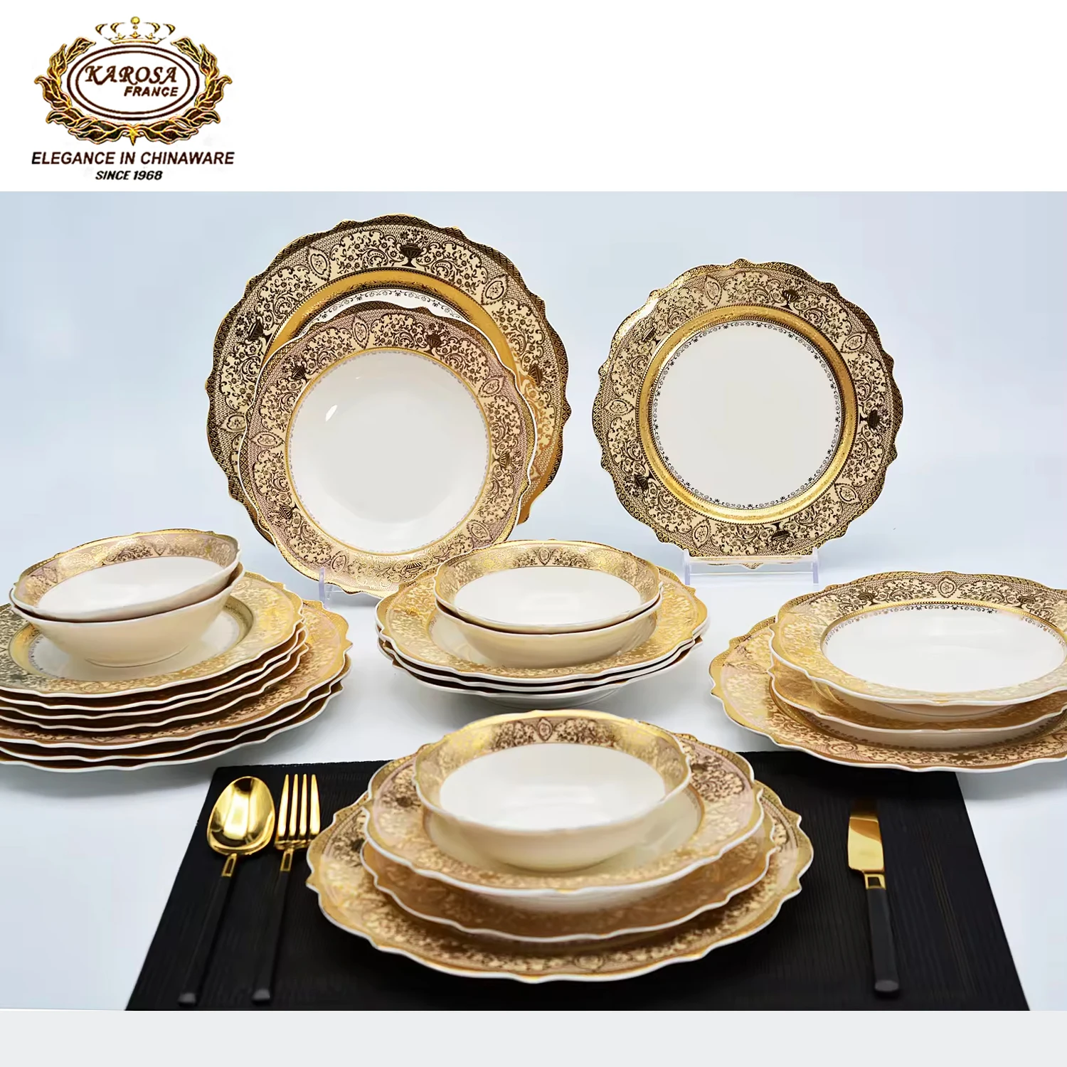 Quick shipping 24pcs Germany royal gold rim bone china gold plated dinnerware set dishes bowl sets luxury