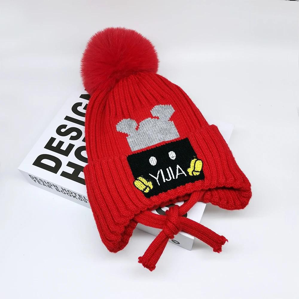 Cute Pom Pom Baby Hat Customized Pattern Children Wool Beanie Caps Ear Flap Toddler Crochet Winter Hats With Drawstring