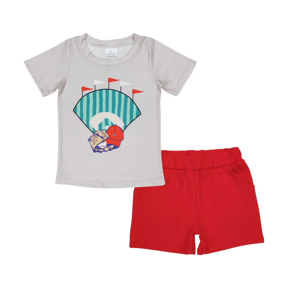 BSSO0996 Baseball cap flag Light brown short sleeve red shorts set high quality wholesale boy set clothing