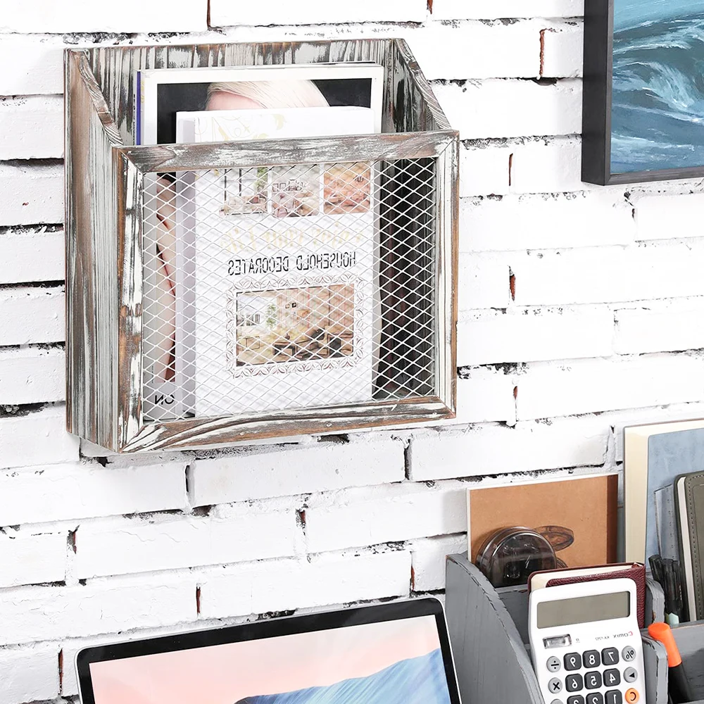 Rustic Torched Wood Magazine Holder Rack Wall Mounted,Wooden Hanging Mail Holder,Office Document File Wall Organizer
